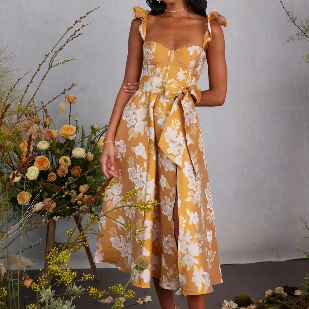 V. Chapman The Vera Dress in Gold Baroque Floral